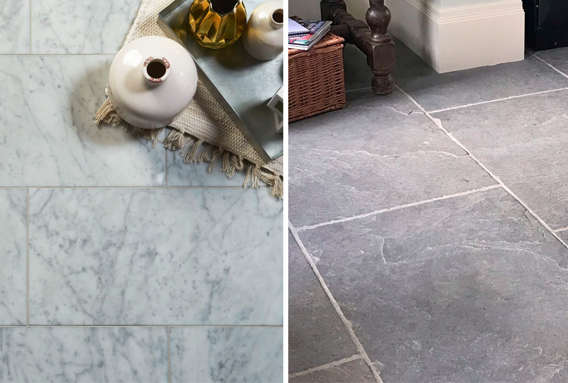 (Left) Bianco Carrara marble floor tiles, (Right) Grey Stamford limestone floor tiles